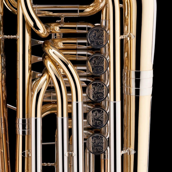 A close up image of the detailed engravings on a Eb Rotary Tuba ‘Danube’ from Wessex Tubas