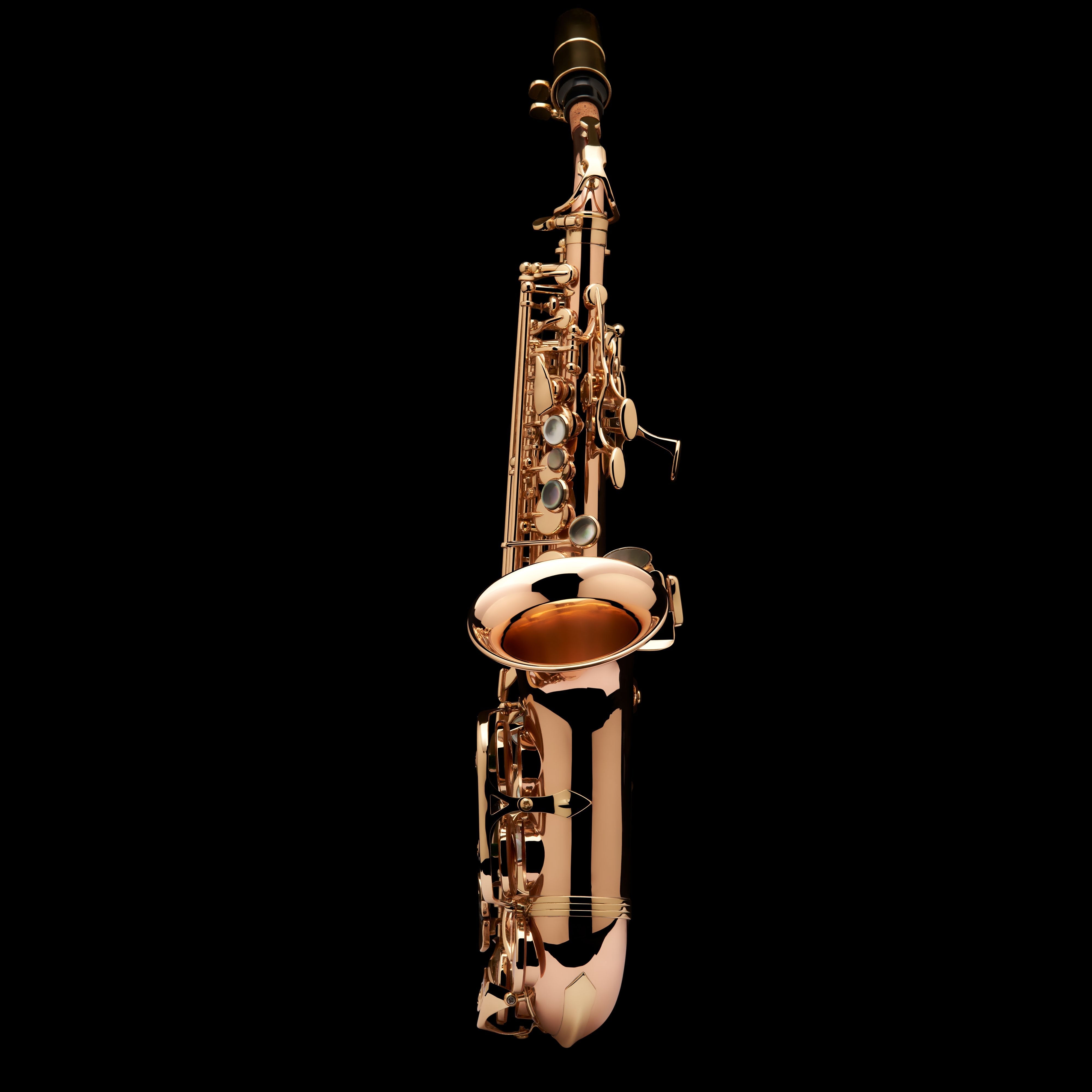 Wessex Tubas Soprano Saxophone in Gold Brass front view showing bell on black background.